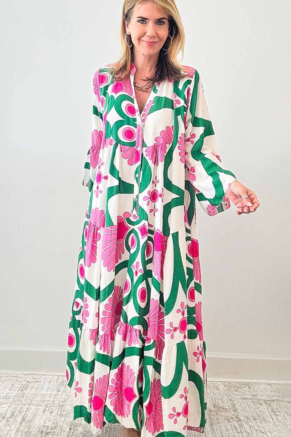 Printed Notched Long Sleeve Maxi Dress