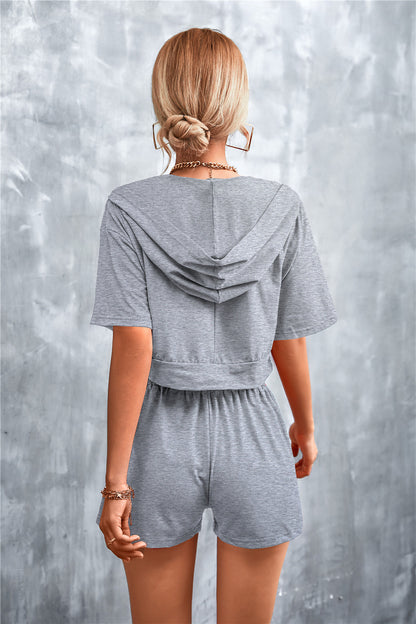 Half Zip Cropped Hooded T-Shirt and Shorts Set