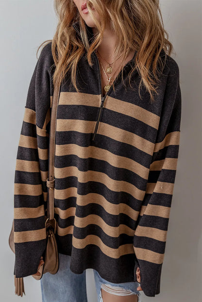 Striped Half Zip Long Sleeve Knit Top