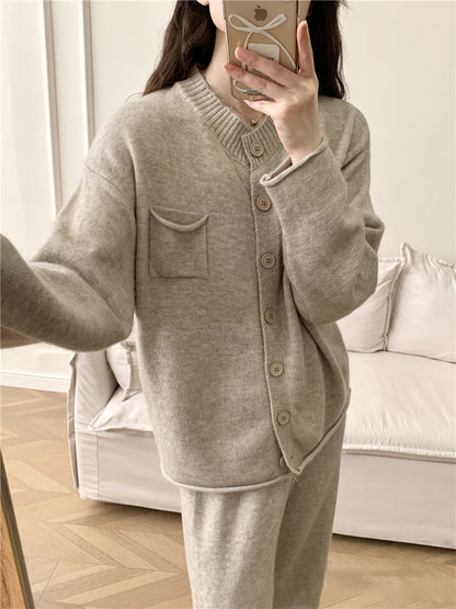 Pocketed Round Neck Button Up Cardigan and Pants Sweater Set