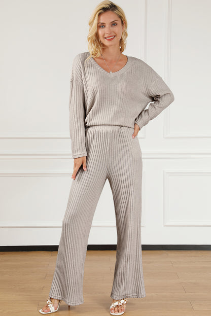 Ribbed V-Neck Top and Pants Lounge Set