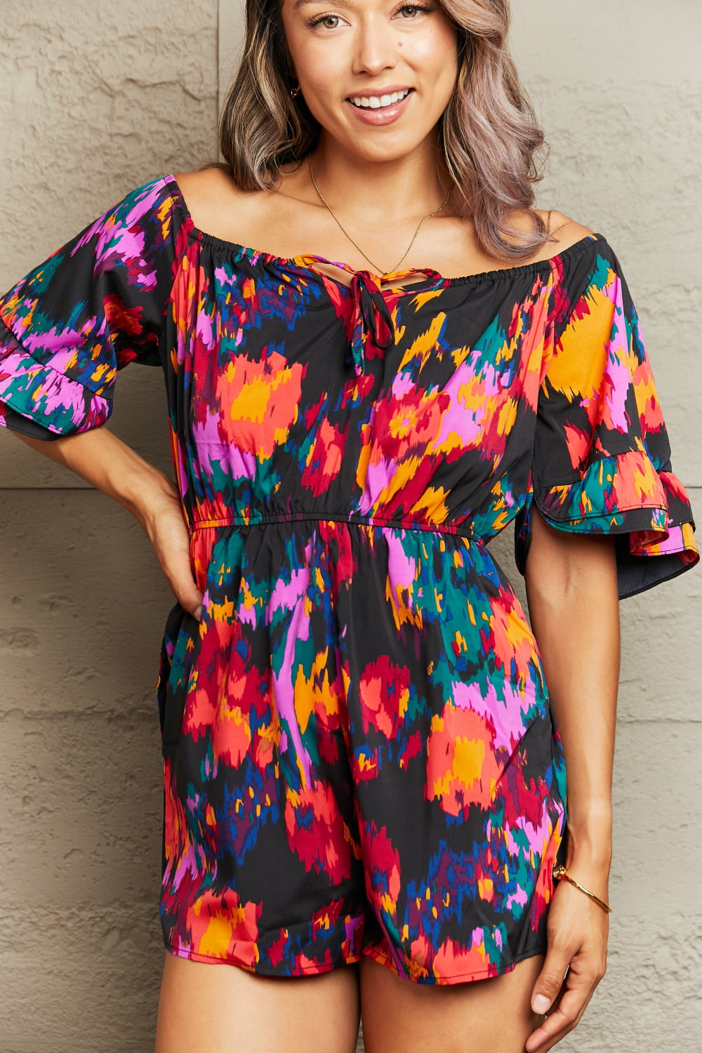 Perfee Printed Tied Flounce Sleeve Romper