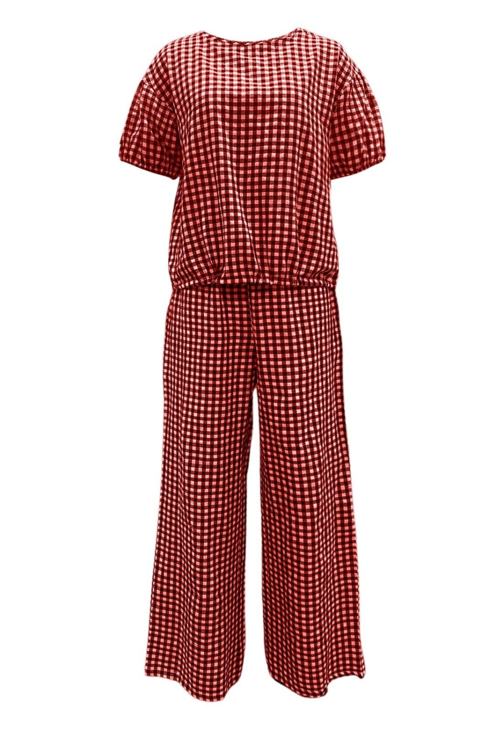 Full Size Plaid Round Neck Half Sleeve Top and Pants Set