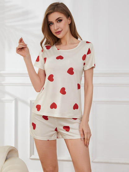 Heart Round Neck Top and Shorts Lounge Set