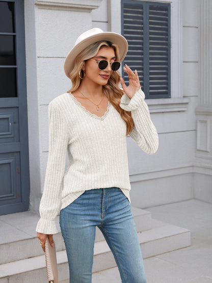 Lace Detail V-Neck Long Sleeve T-Shirt