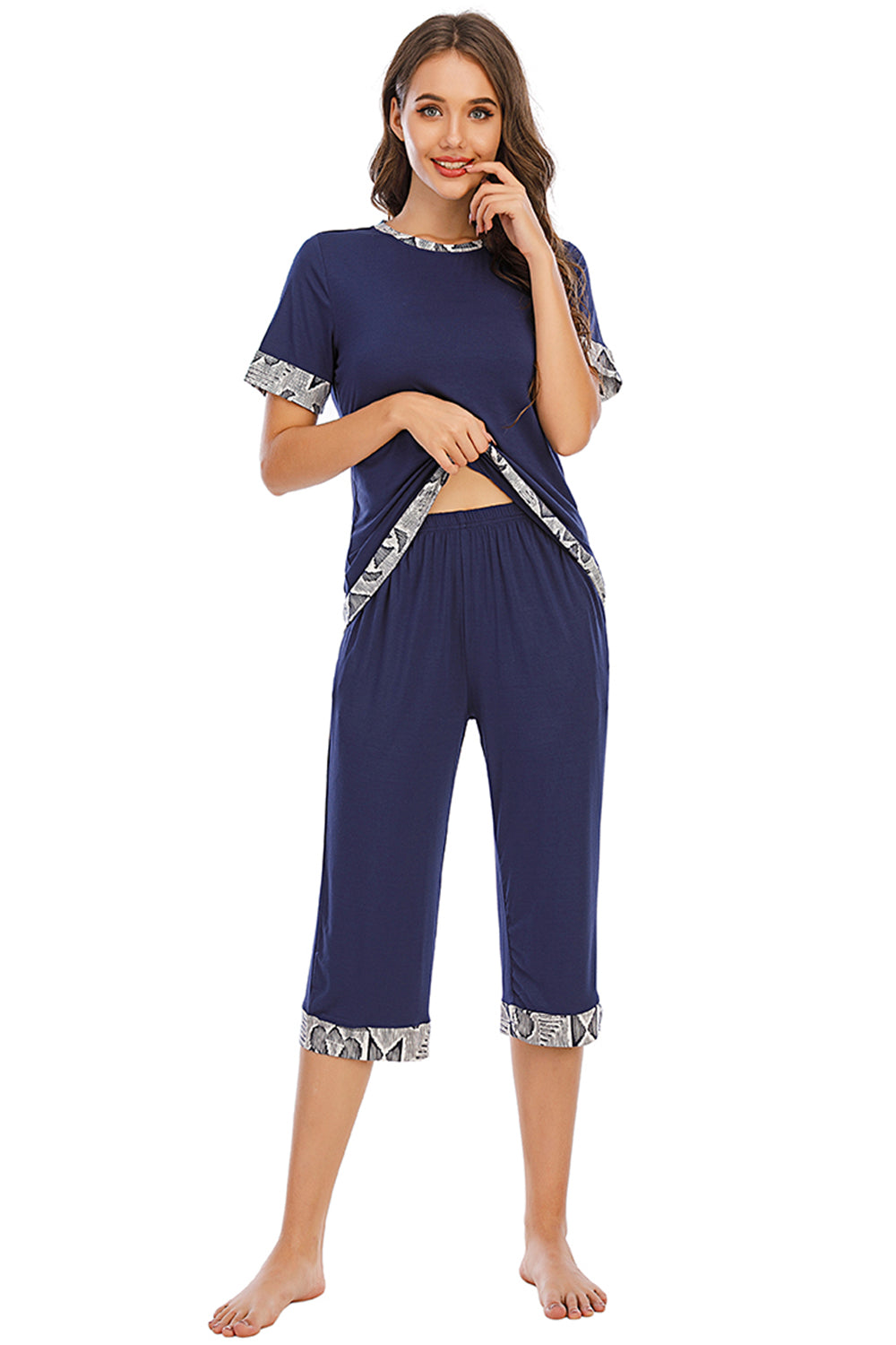 Round Neck Short Sleeve Top and Capris Pants Lounge Set