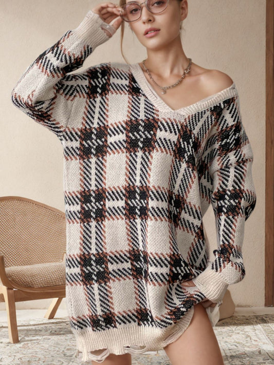 Distressed Plaid V-Neck Long Sleeve Sweater Dress