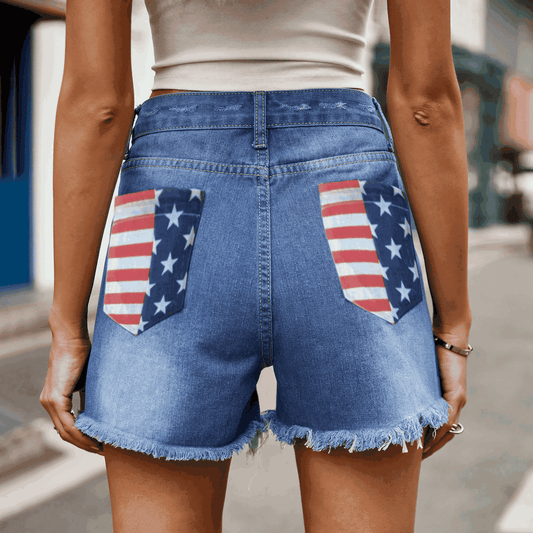 US Flag Distressed Denim Shorts