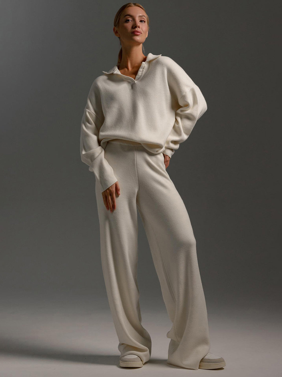 Johnny Collar Long Sleeve Top and Pants Sweater Set