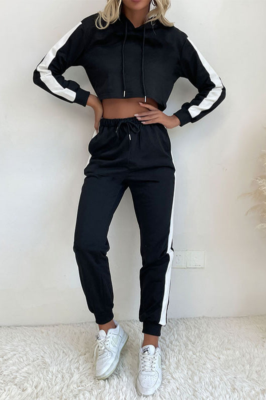 Perfee Side Stripe Cropped Hoodie and Jogger Set