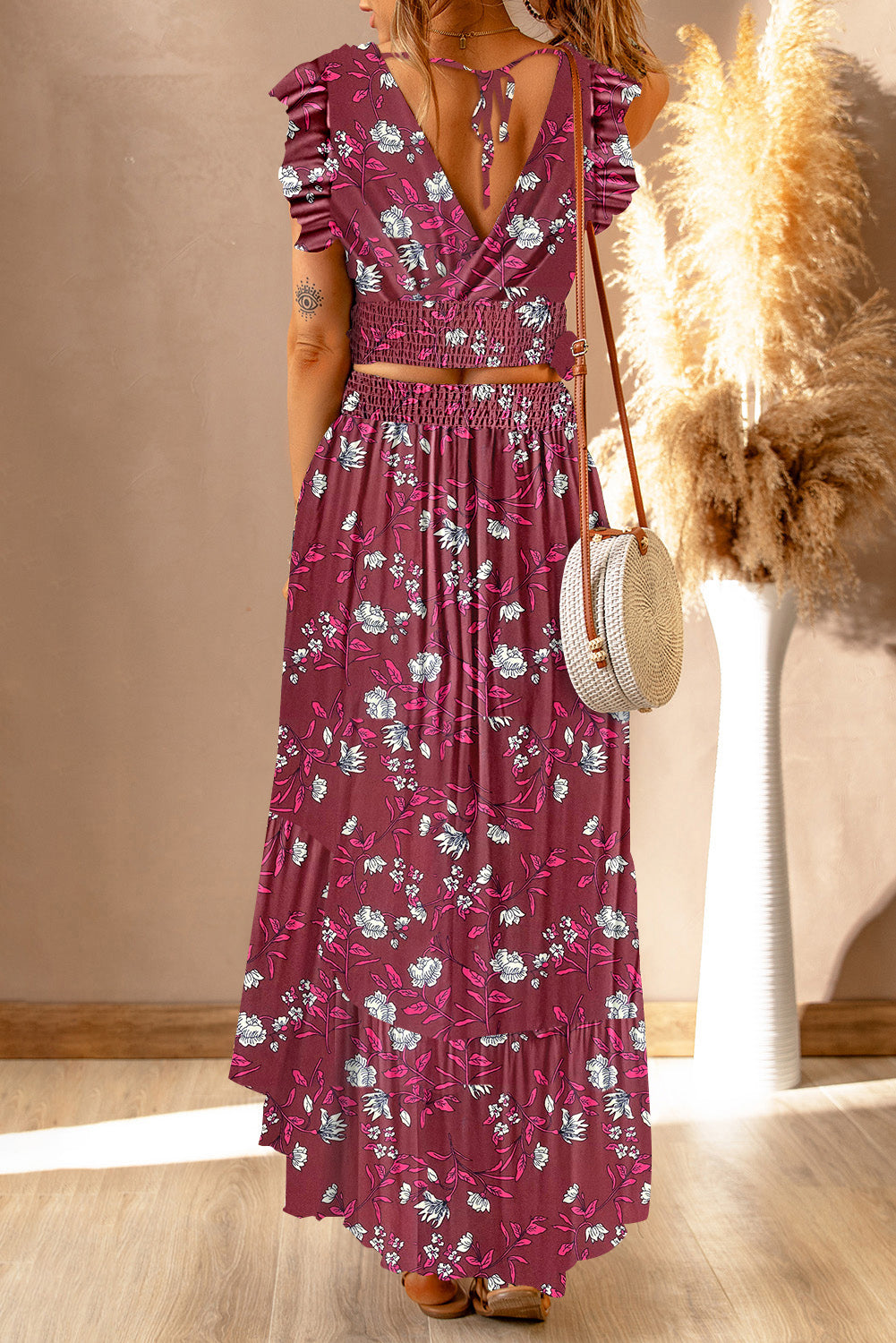 Printed Tie Back Cropped Top and Maxi Skirt Set