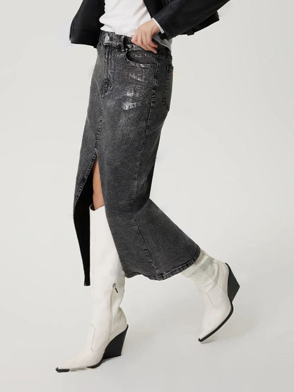 Slit Midi Denim Skirt with Pockets