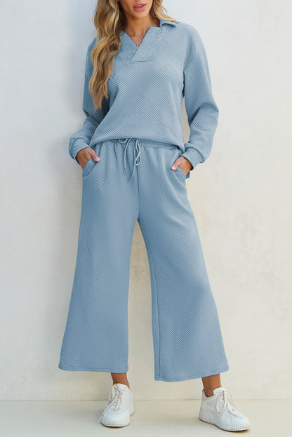 Textured Collared Neck Top and Wide Leg Pants Set