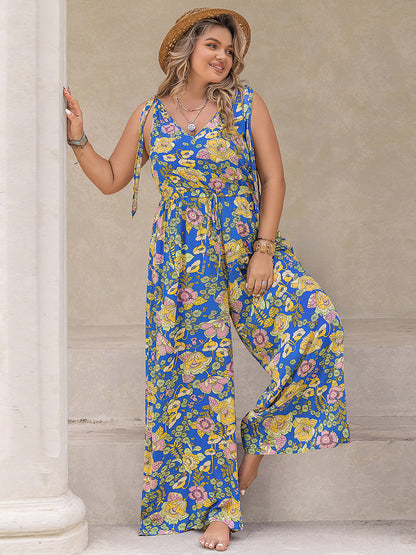 Plus Size Printed V-Neck Wide Leg Jumpsuit