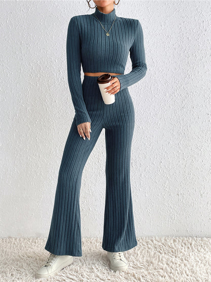 Honey Ribbed Mock Neck Cropped Sweater & High Waist Pants Set