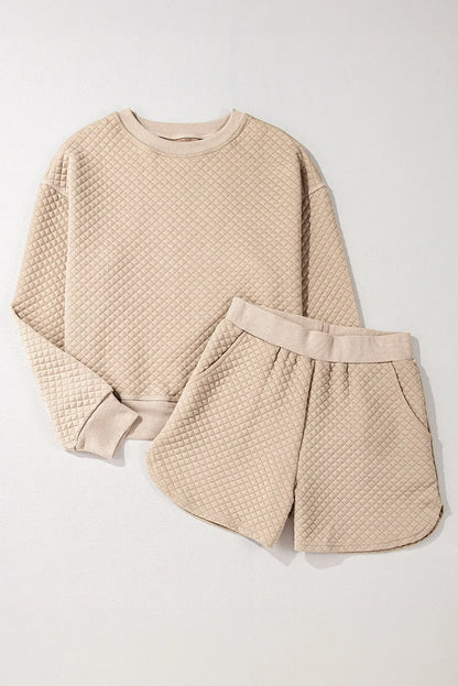 Quilted Round Neck Long Sleeve Top and Shorts Set