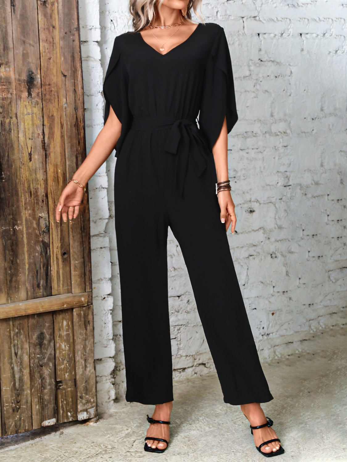 Tied V-Neck Half Sleeve Wide Leg Jumpsuit