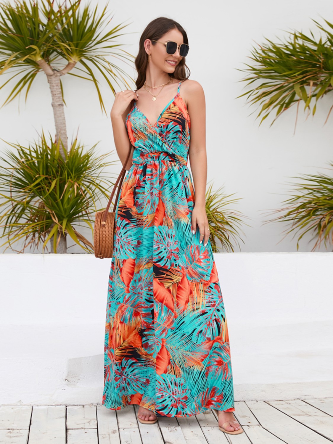 Printed Surplice Spaghetti Strap Dress