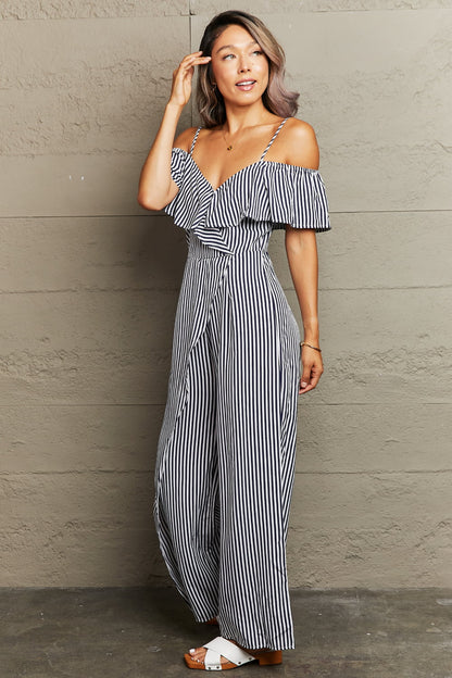 Perfee Striped Spaghetti Strap Cold-Shoulder Jumpsuit