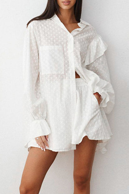 Ruffled Dot Applique Collared Neck Top and Shorts Set