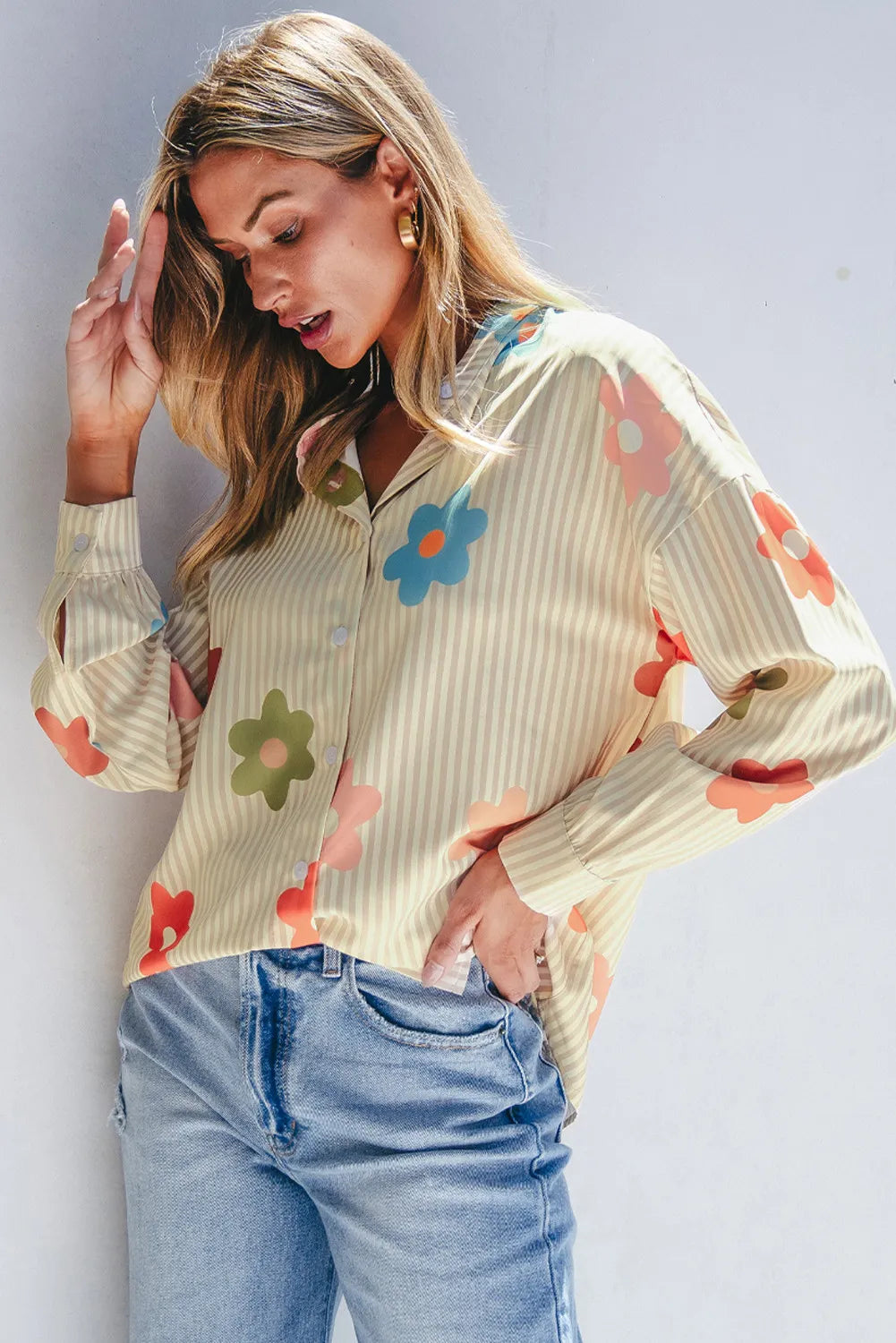 Striped Flower Button Up Long Sleeve Shirt