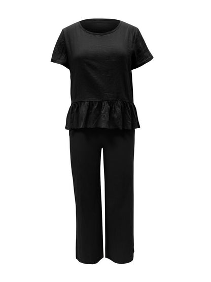 Peplum Round Neck Short Sleeve Top and Pants Set