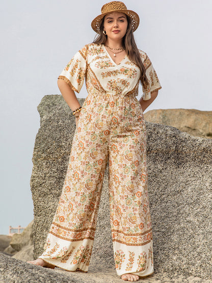 Plus Size V-Neck Flutter Sleeve Wide Leg Jumpsuit