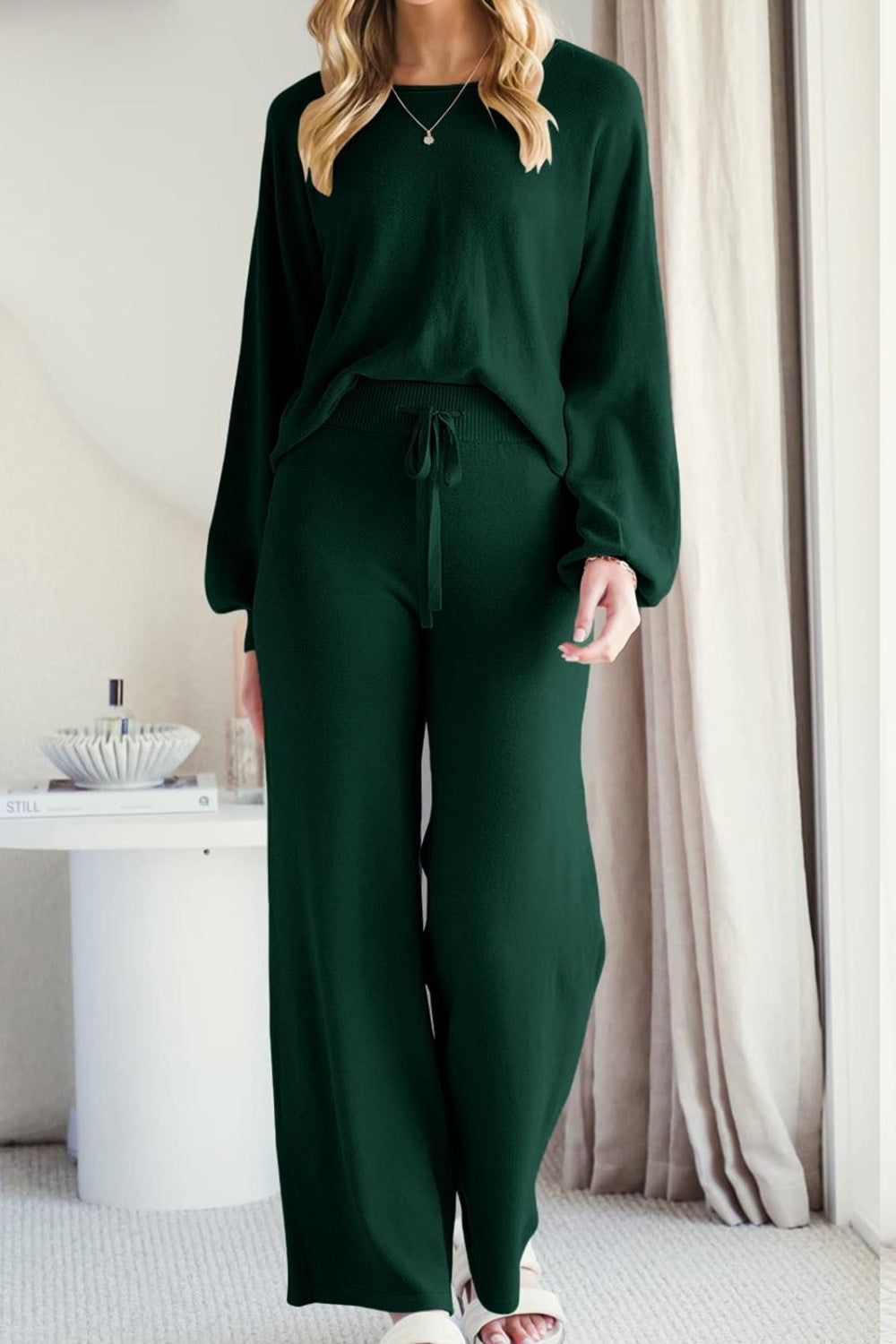 Round Neck Long Sleeve Top and Pants Set