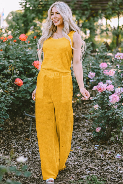 Textured Round Neck Top and Wide Leg Pants Set