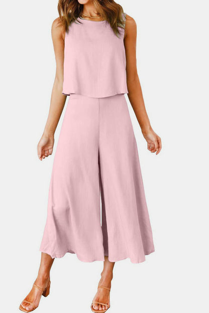 Round Neck Top and Wide Leg Pants Set