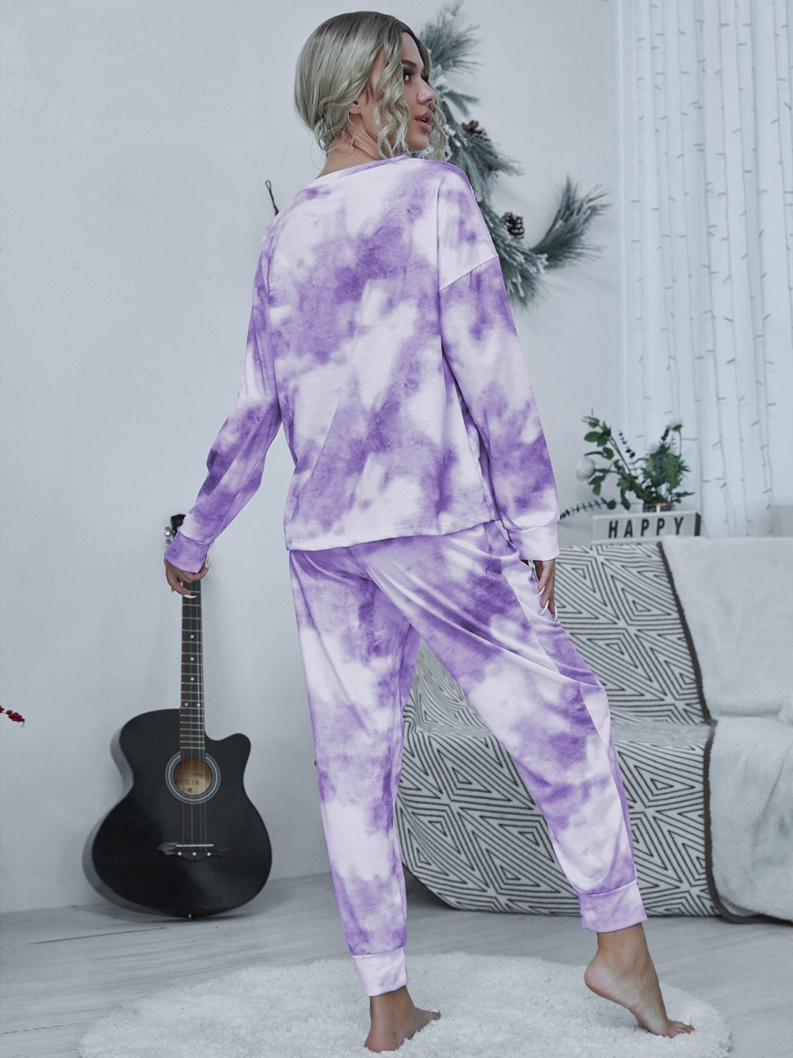 Shiny Tie-dye Round Neck Top and Drawstring Pants Lounge Set