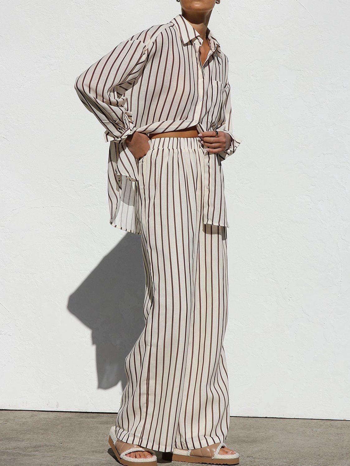 Striped Collared Neck Long Sleeve Top and Pants Set