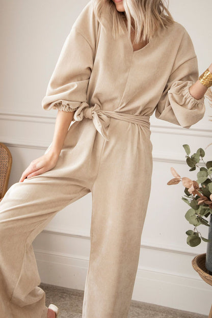 V-Neck Balloon Sleeve Wide Leg Jumpsuit