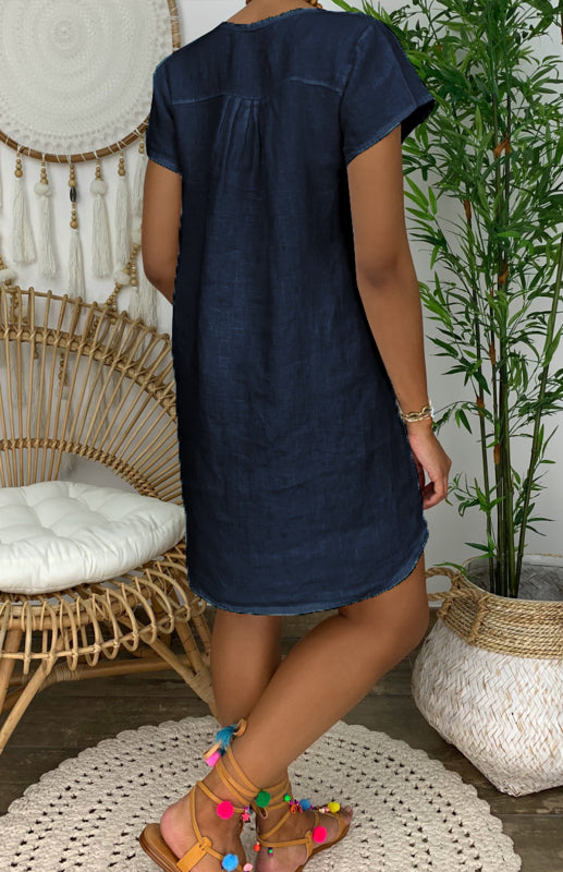 V-Neck Rolled Short Sleeve Gathered Curved Linen Dress