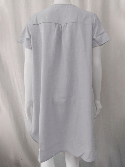 V-Neck Rolled Short Sleeve Gathered Curved Linen Dress