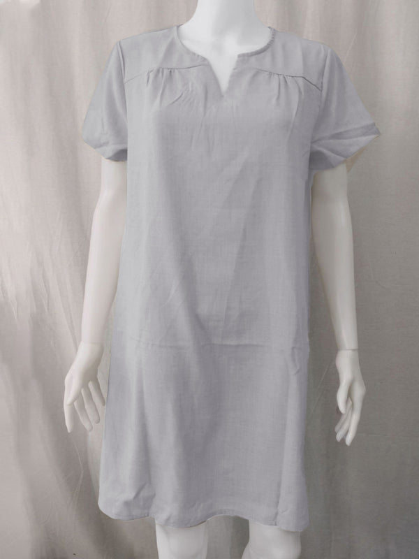 V-Neck Rolled Short Sleeve Gathered Curved Linen Dress