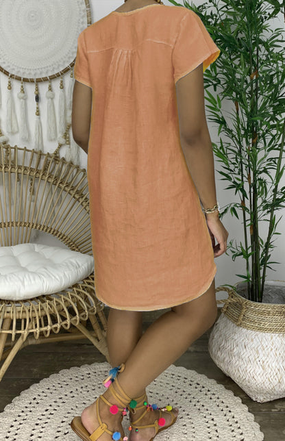 V-Neck Rolled Short Sleeve Gathered Curved Linen Dress