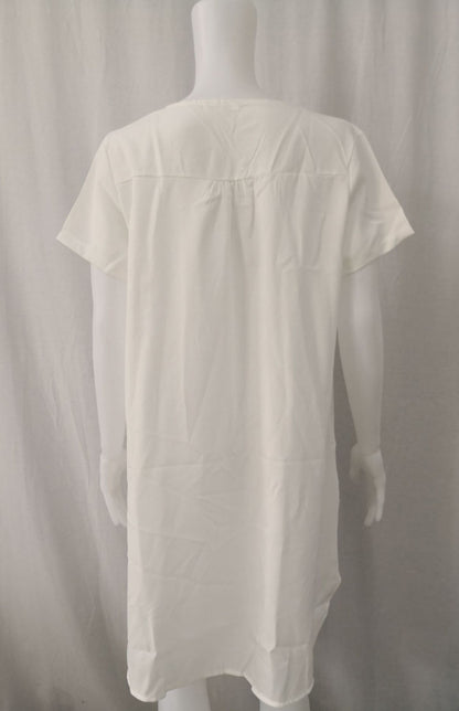 V-Neck Rolled Short Sleeve Gathered Curved Linen Dress