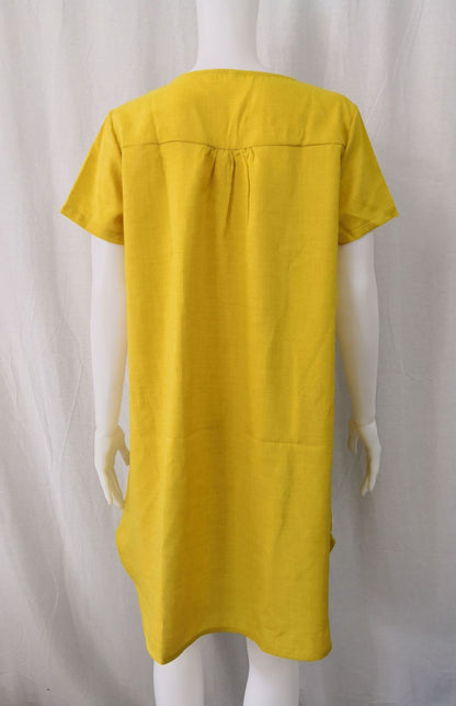 V-Neck Rolled Short Sleeve Gathered Curved Linen Dress