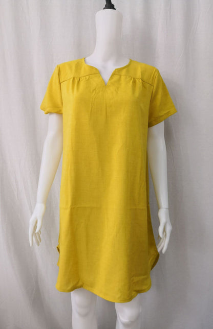 V-Neck Rolled Short Sleeve Gathered Curved Linen Dress