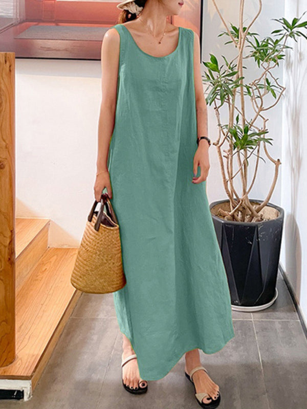 Women's Cotton Linen Simple Style Loose Pocket Round Neck Temperament Sleeveless Dress