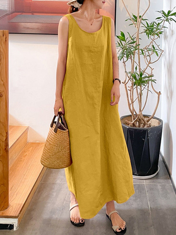 Women's Cotton Linen Simple Style Loose Pocket Round Neck Temperament Sleeveless Dress