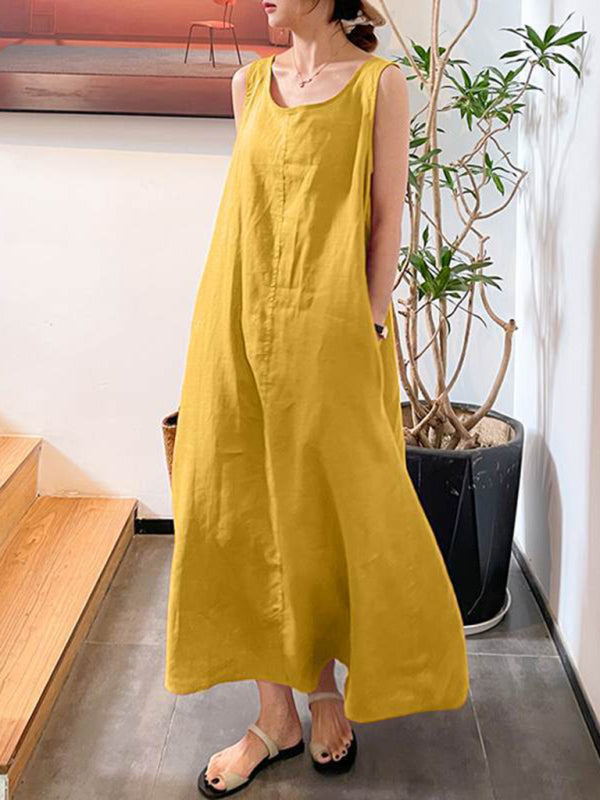 Women's Cotton Linen Simple Style Loose Pocket Round Neck Temperament Sleeveless Dress