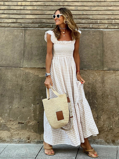 Summer Temperament Women's Collage Plaid Sling Elastic Swing Dress