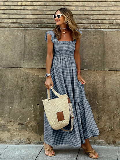 Summer Temperament Women's Collage Plaid Sling Elastic Swing Dress
