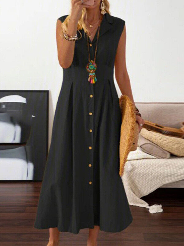 Women's casual lapel collar sleeveless cotton and linen mid-length dress