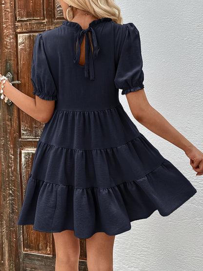 women's multilayer pleated loose puff sleeve dress