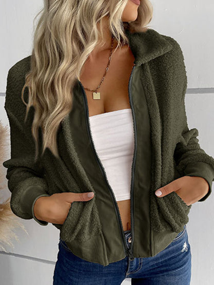 New fashion women's solid color long-sleeved lapel sherpa jacket