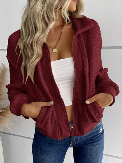 New fashion women's solid color long-sleeved lapel sherpa jacket