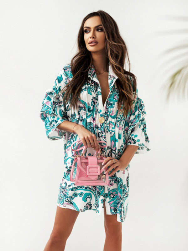 Pleated stand-up collar ruffled print dress